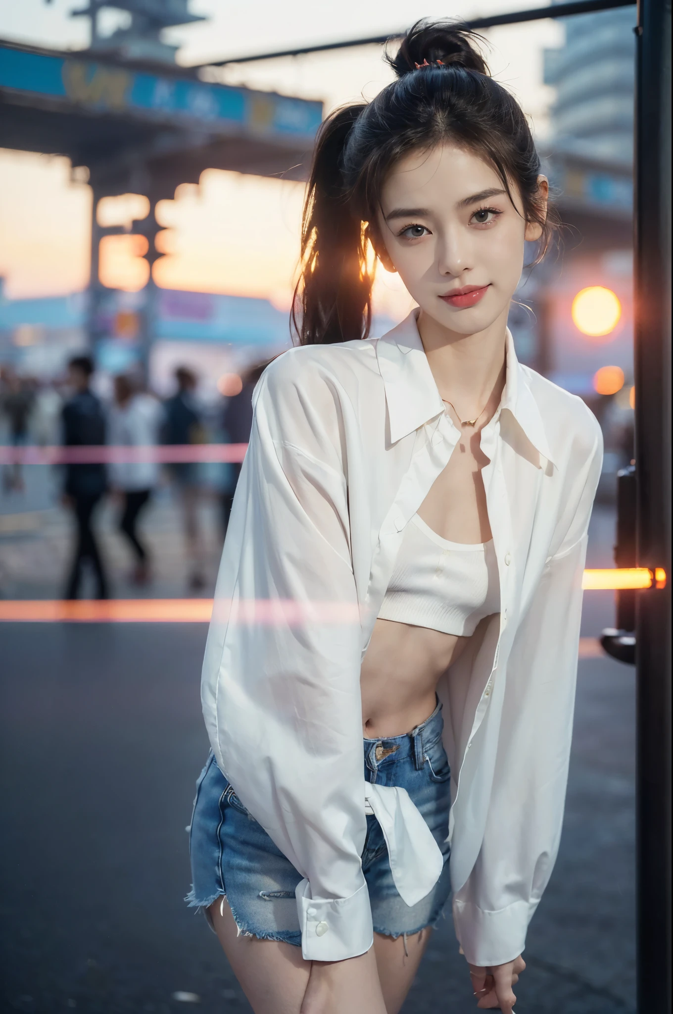 (((best quality))),(((ultra detailed))),(((masterpiece))),illustration,((1 beautiful girl,solo)),((short half ponytail,short hair)),(fair skin:1.3),(detailed eyes:1.3),(smile:1.3),((slim,thin)),((small breasts,flat chest)), (oversize white collared sleeved shirt:1.3),(open shirt,bra),(micro denim shorts:1.2),(slender legs:1.2),(standing:1.3),((vibrant colors, soft glow)), (active and healthy lifestyle,youthful charm),((on the street,cyberpunk city, towering skyscrapers)),(warm sunset glow:1.3),(detailed background:1.3),((vivid neon signs, holographic advertisements, electric atmosphere)),(outdoor:1.3),((summer,dusk scene)),((from front,upper body))