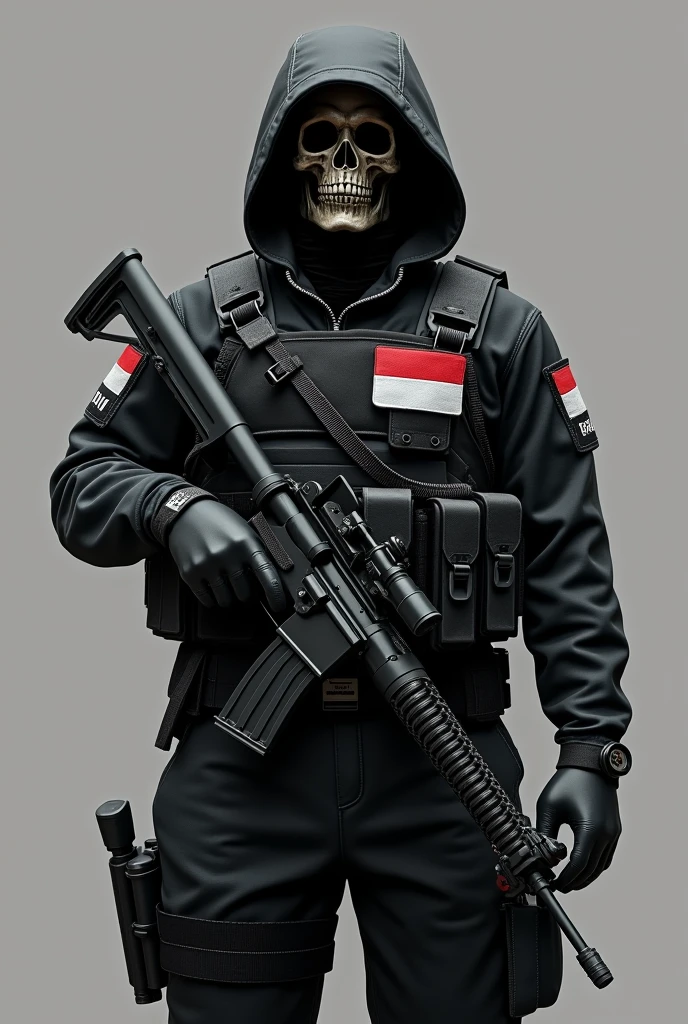 realistic full black outfit indonesian armed soldier (TNI) with Indonesian flag badge KOPASSUS with full equipment, holding a high tech weapon and full kit, military bag, military armor, skull mask