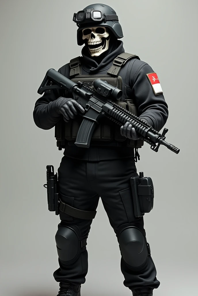 realistic full black outfit indonesian armed soldier (TNI) with Indonesian flag badge KOPASSUS with full equipment, holding a high tech weapon and full kit, military bag, military armor, skull mask
