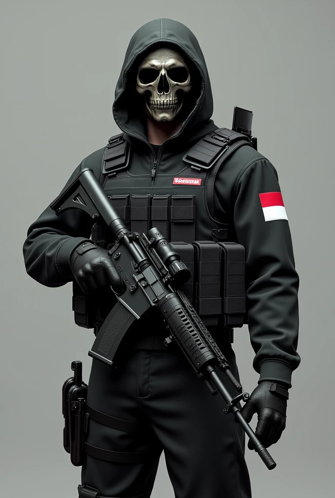 realistic full black outfit indonesian armed soldier (TNI) with Indonesian flag badge KOPASSUS with full equipment, holding a high tech weapon and full kit, military bag, military armor, skull mask