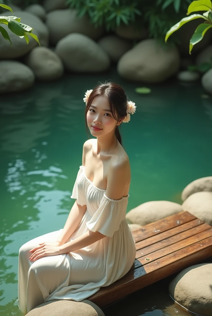 aerial view, beautiful taiwanese woman, sitting on a bench in a natural hot spring. she is wearing an off-shoulder summer outfit with some flower accecories on her hair and looking up to the camera. there are beautiful green water like a river with stones on both side bellow her.