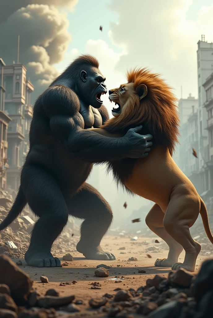 Gorilla die in front of lion and background be like war