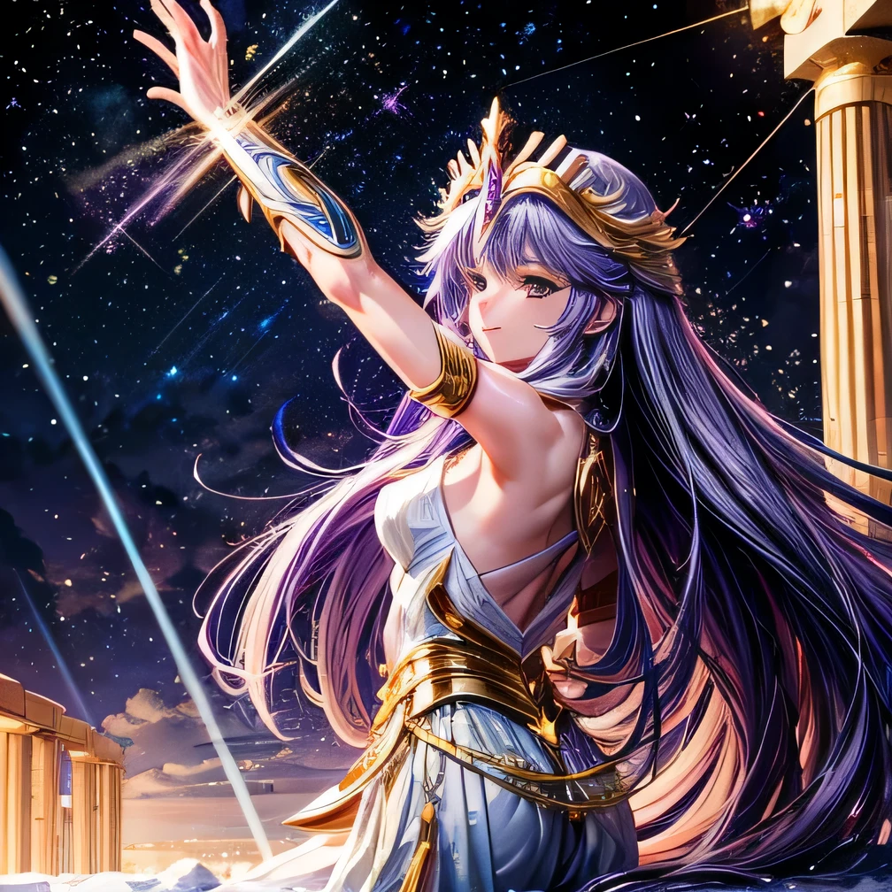 Saint Seiya　Athena purple long hair　Beauty　The twelve constellations of the king　night　Snow Scene　Parthenon temple