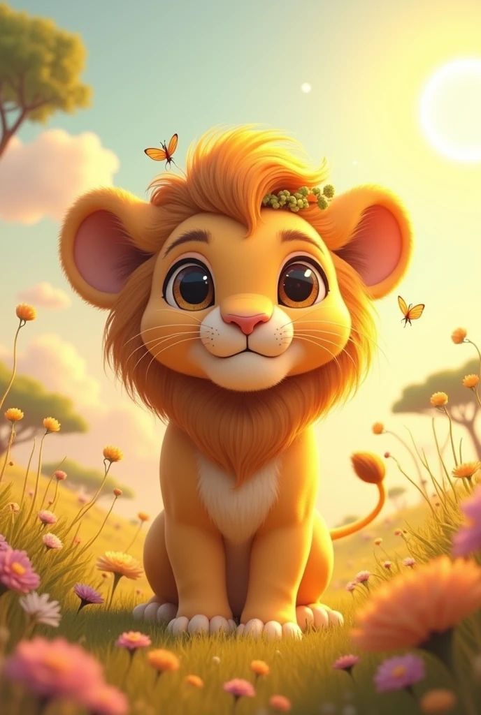 A highly detailed, photorealistic 4K image of a whimsical savanna scene featuring a young, adorable lion with a slightly cartoon-like appearance. The lion has large, expressive eyes that exude a sweet and curious personality, and its golden fur is interspersed with patches of soft pastel colors like light gold, peach, and cream. Small, delicate flowers and lush green leaves are woven into its mane, giving it a magical and gentle touch. The background is a vibrant savanna filled with tall, golden grasses, small flowering bushes, and soft sun rays that filter through sparse clouds, casting a warm, golden glow over the scene. Butterflies flutter around, adding a lively and enchanting atmosphere. Art style: Fantasy realism with nature elements. Lighting: Soft, warm sunlight with gentle caustics. Camera: Medium shot, slight tilt for dynamic perspective. Render: Octane Render, 8K resolution.

