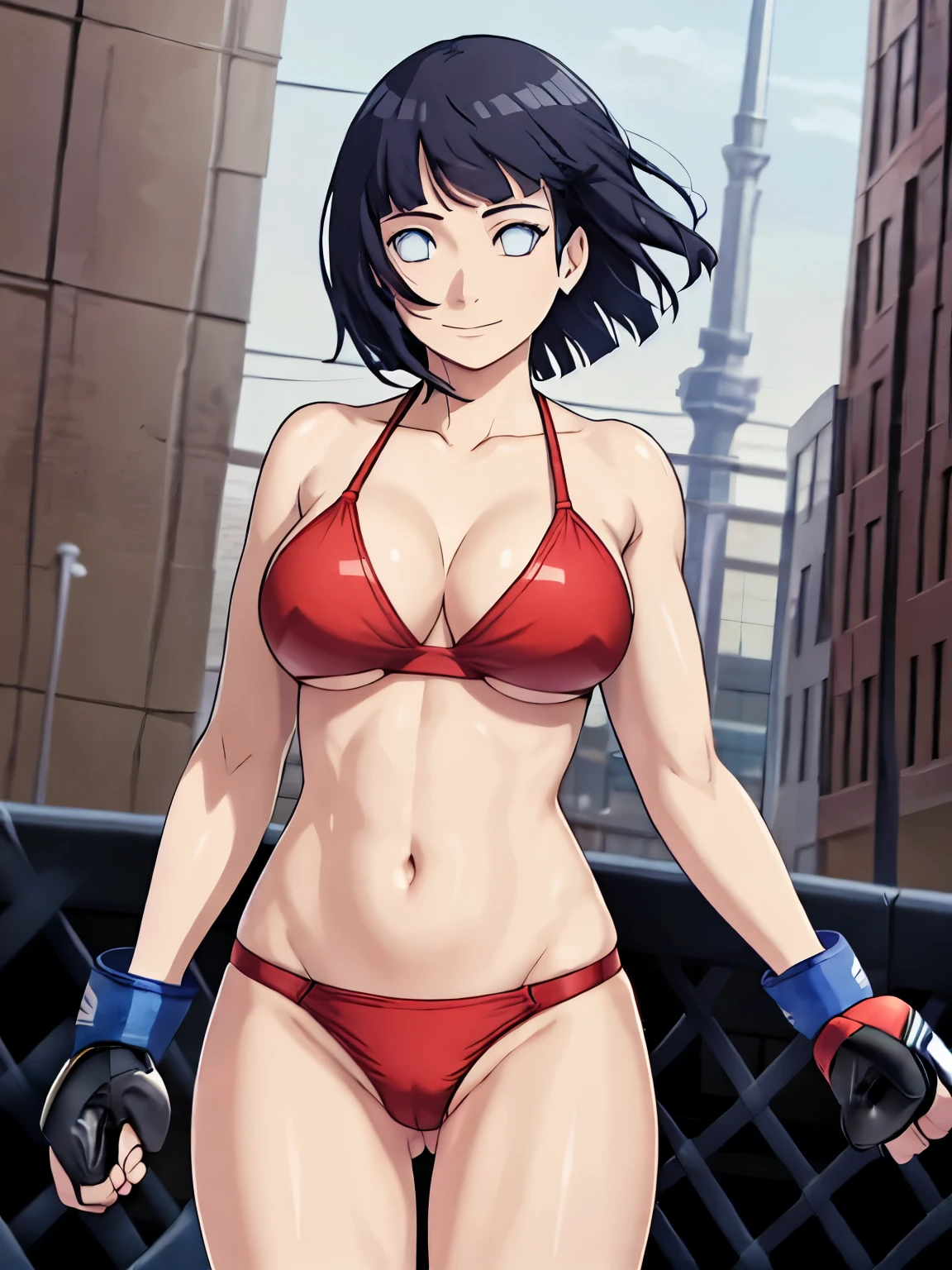 (hinata\(boruto\), (high quality:1.8), upper body:1.5, (curvy figure:1.5), (detailed sweat:1.2), (elbow:1.8), (short gloves:1.5), (ultra detailed body:1.4), (one ARM UP:1.4), (MMA:1.7), (anime, tall woman, cowboy shot, (defined biceps arms:1.2), ((red thong, bare arms, bare arms, bare shoulders)), (long belly:1.5), (bikini:1.1), (wide shoulders, off-shoulders), smile), ((big breasts:1.0)), closed mouth), ((pale skin)). ((dark blue:1.3, short hair, hime cut، loose hair, floating hair, floating hair:1.0), (closed fists), (pussy:1.3)