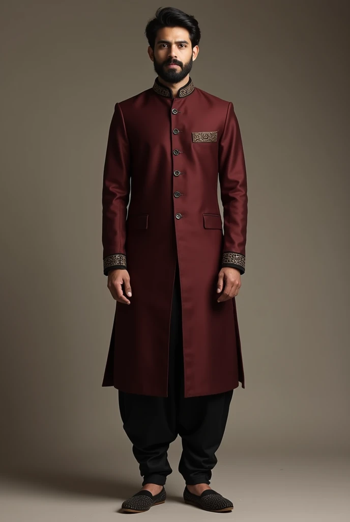 To design a minimalist yet royal and elegant Indian groom outfit in black, maroon, and coffee brown, here’s a concept:

### **Outfit Description:**

1. **Sherwani:**
   - **Color:** Deep maroon.
   - **Fabric:** Luxurious silk or velvet for a rich feel.
   - **Design:** A straight-cut, knee-length sherwani with a minimalist approach. Subtle embroidery in black thread along the collar, cuffs, and front placket. The embroidery should have geometric or floral motifs, staying understated yet sophisticated.
   - **Buttons:** Black, handcrafted buttons with a matte finish, adding a modern touch to the traditional attire.

2. **Inner Kurta:**
   - **Color:** Coffee brown.
   - **Fabric:** Lightweight silk or cotton-silk blend.
   - **Design:** A simple, collarless kurta with a slightly longer hemline that peeks out from under the sherwani, adding depth to the outfit.

3. **Churidar Pants:**
   - **Color:** Black.
   - **Fabric:** Stretchable cotton-silk blend for comfort.
   - **Design:** Fitted churidar that complements the regal look without overpowering the sherwani.

4. **Footwear:**
   - **Style:** Traditional juttis or mojaris.
   - **Color:** Black with maroon detailing or maroon with black detailing.
   - **Design:** Subtle embroidery or patterns that match the sherwani’s design.

5. **Accessories:**
   - **Turban:** A maroon turban with a black or coffee brown border. You can add a minimalist brooch or pin in gold or silver with a black stone for a touch of elegance.
   - **Pocket Square:** A pocket square in coffee brown silk, neatly folded, peeking out of the sherwani’s chest pocket.
   - **Watch:** A sleek, black or coffee brown leather-strap watch with a minimalistic design, adding a modern touch to the traditional ensemble.

6. **Beard Grooming:**
   - A well-groomed beard, neatly trimmed and shaped to maintain a clean and royal appearance, enhancing the overall look.

### **Summary:**
This outfit is designed to be elegant and royal, while still being minimal