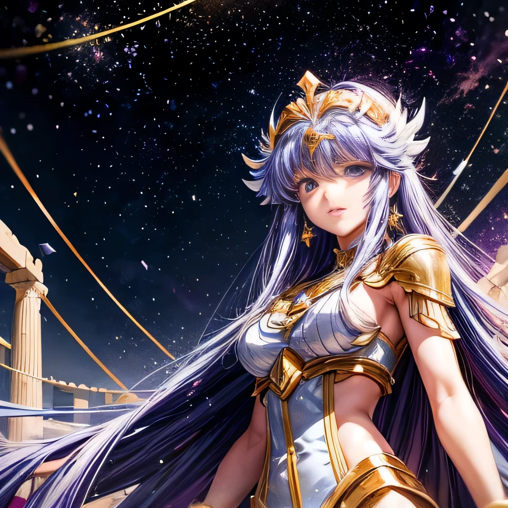 Saint Seiya　Athena purple long hair　Beauty　The twelve constellations of the king　night　Snow Scene　Parthenon temple