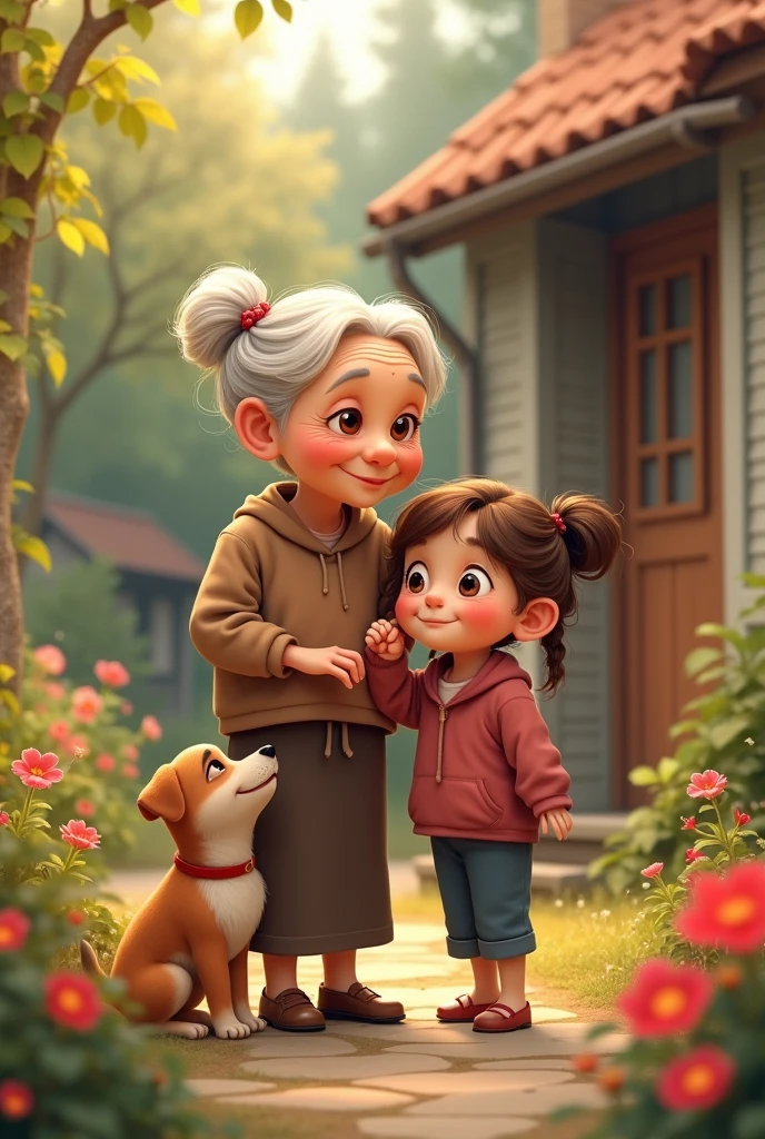 Ria and Her Grandmother
* Prompt: An elderly woman with kind eyes, wearing a decent clothes, tending to her home with a by her side. They are both smiling and laughing, surrounded by blooming flowers.
* Style: Warm, nostalgic, and heartwarming.