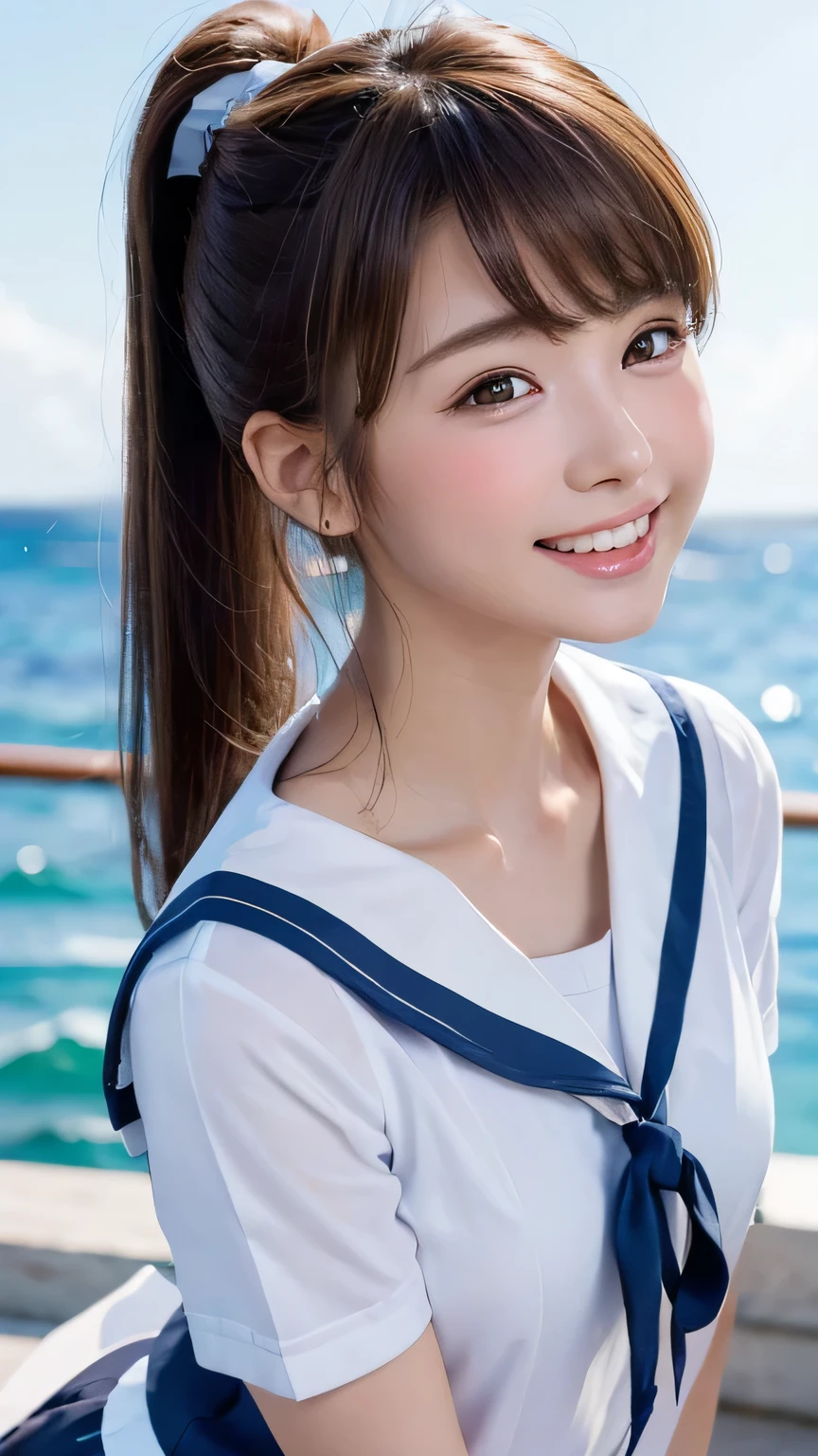 (Ultra high quality, shot with DSLR, 8k, highest quality, high resolution, highest quality, highest resolution, very beautiful woman, perfect anatomy), light brown eyes, very light brown eyes, small diamond-shaped earrings, looking at the camera, beautiful brown hair, ((baby face, loose and cute medium ponytail)), very short and beautiful bangs with brown hair, E-cup chest, showing beautiful décolletage, very beautiful 20-year-old, lip gloss, smiling very happily, very cute smile, upper teeth, beautiful teeth, (sea with a horizon (background only)), slightly large eyes, small face, tall supermodel, beautifully shaped model, random cute gravure poses, dynamic angles, eye focus, head tilt, very detailed and realistic, very beautiful 20-year-old, ((medium shot)), sharp jawline, ((sailor uniform)), deep waist curve, y legs, side view, smiling happily, laughing, summer afternoon.