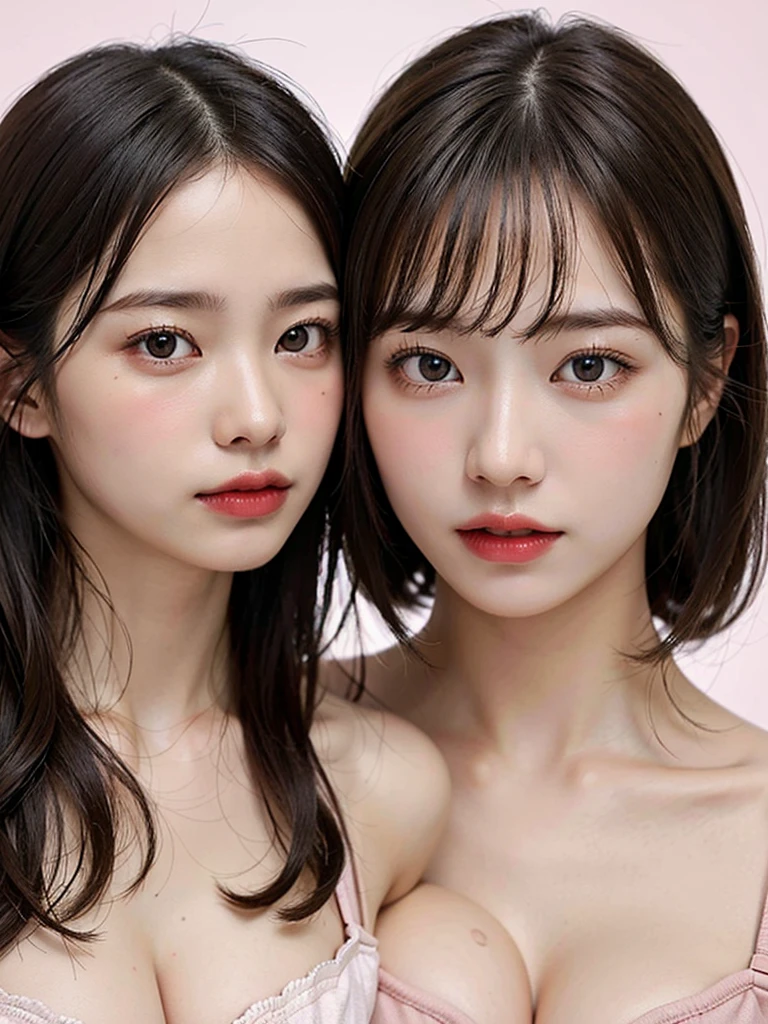 Best Quality、wonderful、Intricate details、Fine details、Depth of written boundary、Highest quality、Very detailed、High resolution、超High resolution、Detailed Shadows、Surreal、Realistically、Dramatic Lighting、(2 persons)、(2girl)、Good female friends、Fine details、Detailed Faces、Detailed eyes、Realistic Skin、Bust-up angle、Off-the-shoulder dress、Zoom out、Soft curl hairstyle、Korean Idol、Realistic eyes、Beautiful eyelashes、High resolutionの顔、Pink Background、20-year-old、C cup breasts、Natural color lip