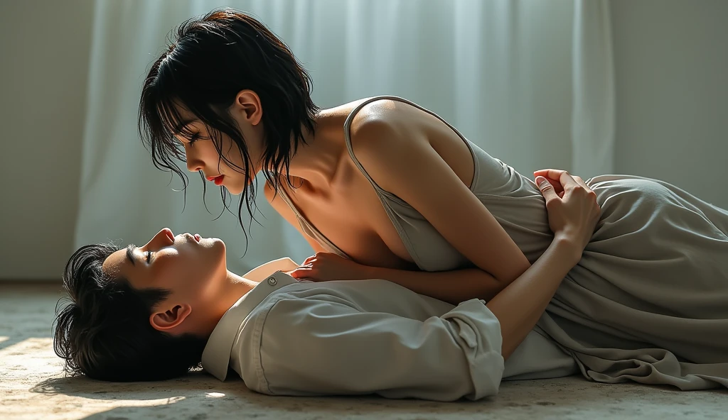 1Korean girl, 1 Korea boy, girl is 30s, boy is 20yo,boy is lay down on floor on his back,boy wear lousy clothes, girl crawl on boy, girls wet short hair dripping down water droplets, she looks seductively, girl wear open long shirt only