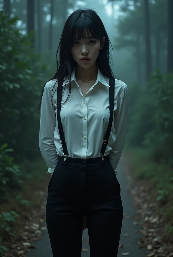 a woman in a suit, belt, hands behind back, sweating, suspenders, black pants, sexly, large breasts, see-through clothing,, detective, office worker, white button-up shirt, (best quality,4K,8k,highres,masterpiece:1.2),ultra-detailed,(realistic,photorealistic,photo-realistic:1.37),hyper-detailed,highly detailed face and body, Slender thin suspenders Moderate breasts See-through shirt Nipples holster chain Pistol Armament criminal Female criminal knife japanese profile Japanese women arrested handcuff Cable tie on thumb The woman has her hands tied、put your hands behind your back、(((I clasped my hands behind my back)))、(((Her wrists are wrapped in rope)))、beauty、20Year、university student、Standing on a hill at night、There are a lot of trees、、Wear a long skirt、Uniform eyes、Balanced、Moderate、Small breasts、Small face、(I can see from head to heel), Black Hair, bangs, Swept bangs, Straight hair, Nervous, Messy Hair, debtloating hair, Cinema Lighting, throw, Nikon, Surrealism, 超High resolution, Highest quality, High resolution, Anatomically correct body、, tachi-e, First Person View, debtrom behind, debt/1.2, 8k, Textured SkinMini Skirt Knee-high garter handcuffs