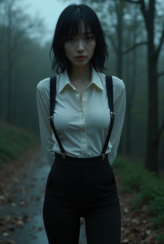 a woman in a suit, belt, hands behind back, sweating, suspenders, black pants, sexly, large breasts, see-through clothing,, detective, office worker, white button-up shirt, (best quality,4K,8k,highres,masterpiece:1.2),ultra-detailed,(realistic,photorealistic,photo-realistic:1.37),hyper-detailed,highly detailed face and body, Slender thin suspenders Moderate breasts See-through shirt Nipples holster chain Pistol Armament criminal Female criminal knife japanese profile Japanese women arrested handcuff Cable tie on thumb The woman has her hands tied、put your hands behind your back、(((I clasped my hands behind my back)))、(((Her wrists are wrapped in rope)))、beauty、20Year、university student、Standing on a hill at night、There are a lot of trees、、Wear a long skirt、Uniform eyes、Balanced、Moderate、Small breasts、Small face、(I can see from head to heel), Black Hair, bangs, Swept bangs, Straight hair, Nervous, Messy Hair, debtloating hair, Cinema Lighting, throw, Nikon, Surrealism, 超High resolution, Highest quality, High resolution, Anatomically correct body、, tachi-e, First Person View, debtrom behind, debt/1.2, 8k, Textured SkinMini Skirt Knee-high garter handcuffs