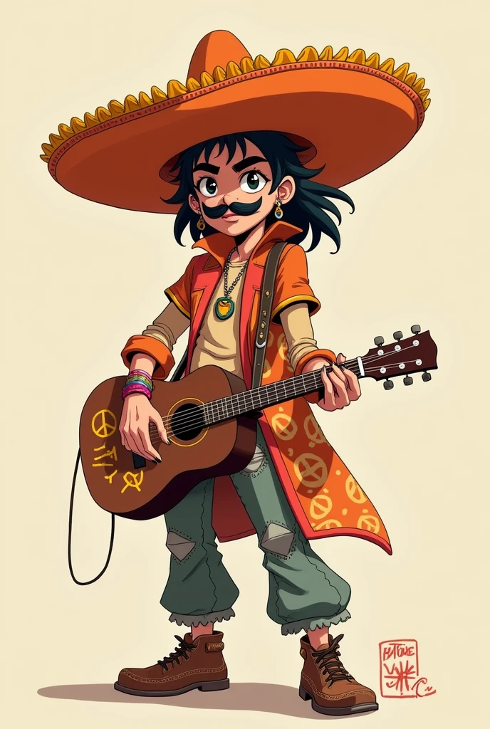 Personnage inspiré d'un sombréro avec un chapeau de sombrero orange orné de jaune mélange a du noir des vêtements de sombrero avec des motifs de couleurs orange clair mélangé a du beige est du rouge foncé un pantalon de sombrero avec les motifs de couleurs un guitare avec des symbole de paix une demi moustache de sombrero est un côté de combattant dangereux