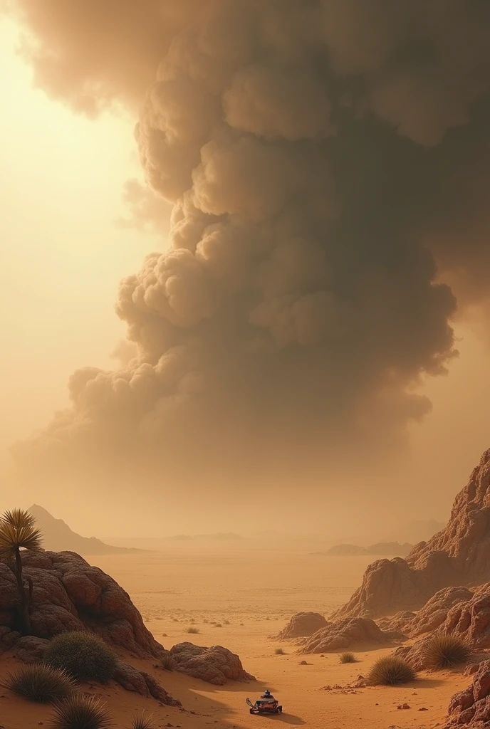 Capture the drama of a sandstorm approaching. The scene could show dark clouds of sand swirling in the distance, with a few hardy plants or rocks being the only objects standing out against the oncoming storm. The sky would be a mix of tan and grey, with visibility rapidly decreasing.