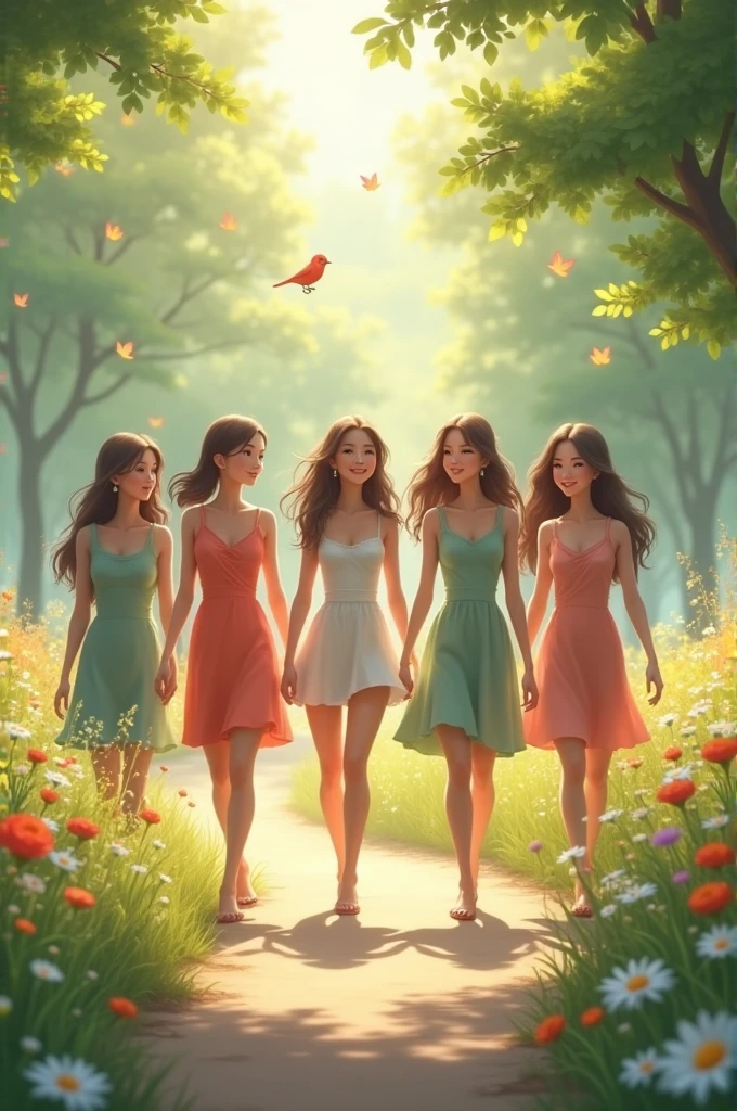 Generate a beautiful girl image in walking morning with her friends 