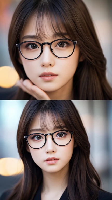 Tabletop、(masterpiece:1.3), (8k, Photorealistic: 1.4, RAW Photos, Best image quality: 1.4), Japanese Idols、Super detailed face、Attention to detail、Genuine、 double eyelid、Big and attractive eyes、Perfectly beautiful eyes、 Sharp focus:1.2、Beautiful woman:1.5、 Light brown hair、 Highest quality、masterpiece、Ultra-high resolution、Depth of written boundary、Perfect Shadow、(Photorealistic:1.4)、 Highly detailed and professional lighting、 Perfectly shaped、Symmetrical face、beautiful girl、Glowing Skin、Sharp focus, Perfect Anatomy,Realistic Light、Large black-rimmed glasses、realistic glasses、library、Full body view、