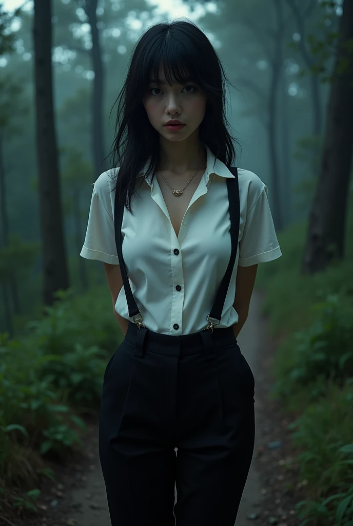 a woman in a suit, belt, hands behind back, sweating, suspenders, black pants, sexly, large breasts, see-through clothing,, detective, office worker, white button-up shirt, (best quality,4K,8k,highres,masterpiece:1.2),ultra-detailed,(realistic,photorealistic,photo-realistic:1.37),hyper-detailed,highly detailed face and body, Slender　thin　suspenders　Moderate breasts　See-through shirt　Nipples　holster　chain　Pistol　Armament　criminal　Female criminal　knife　japanese　profile　Japanese women　arrested handcuff　Cable tie on thumb　The woman has her hands tied、put your hands behind your back、(((I clasped my hands behind my back)))、(((Her wrists are wrapped in rope)))、beauty、２０Year、university student、Standing on a hill at night、There are a lot of trees、、Wear a long skirt、Uniform eyes、Balanced、Moderate、Small breasts、Small face、(I can see from head to heel), Black Hair, bangs, Swept bangs, Straight hair, Nervous, Messy Hair, debtloating hair, Cinema Lighting, throw, Nikon, Surrealism, 超High resolution, Highest quality, High resolution, Anatomically correct body、, tachi-e, First Person View, debtrom behind, debt/1.2, 8k, Textured SkinMini Skirt　Knee-high　garter　handcuffs
