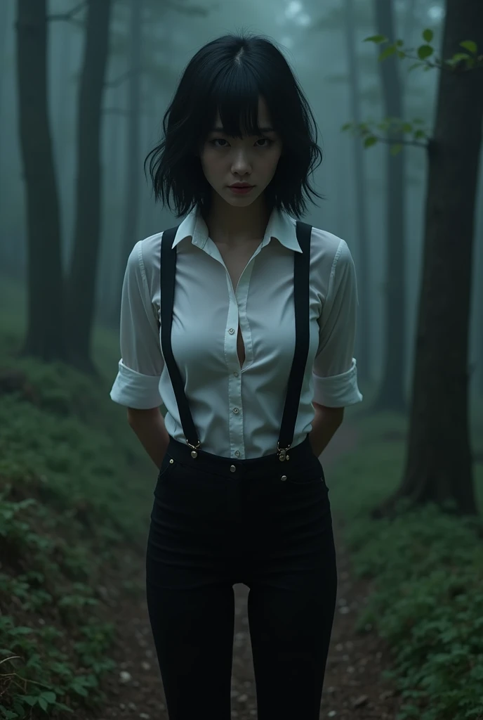 a woman in a suit, belt, hands behind back, sweating, suspenders, black pants, sexly, large breasts, see-through clothing,, detective, office worker, white button-up shirt, (best quality,4K,8k,highres,masterpiece:1.2),ultra-detailed,(realistic,photorealistic,photo-realistic:1.37),hyper-detailed,highly detailed face and body, Slender thin suspenders Moderate breasts See-through shirt Nipples holster chain Pistol Armament criminal Female criminal knife japanese profile Japanese women arrested handcuff Cable tie on thumb The woman has her hands tied、put your hands behind your back、(((I clasped my hands behind my back)))、(((Her wrists are wrapped in rope)))、beauty、20Year、university student、Standing on a hill at night、There are a lot of trees、、Wear a long skirt、Uniform eyes、Balanced、Moderate、Small breasts、Small face、(I can see from head to heel), Black Hair, bangs, Swept bangs, Straight hair, Nervous, Messy Hair, debtloating hair, Cinema Lighting, throw, Nikon, Surrealism, 超High resolution, Highest quality, High resolution, Anatomically correct body、, tachi-e, First Person View, debtrom behind, debt/1.2, 8k, Textured SkinMini Skirt Knee-high garter handcuffs