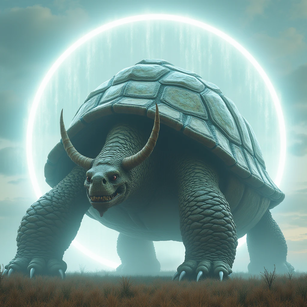 A giant dragon-like turtle, 3D Rendering, Ultra-fine detail, high quality, High resolution, 最high quality,Large photochemical barrier,The shield is deployed to cover the entire body of the turtle.,AT Field,Electromagnetic Barrier,Pale-white barrier