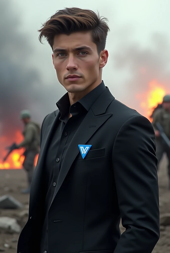 A 20-year-old boy wearing a black suit and on the suit the VME logo embroidered in blue in the background a war 