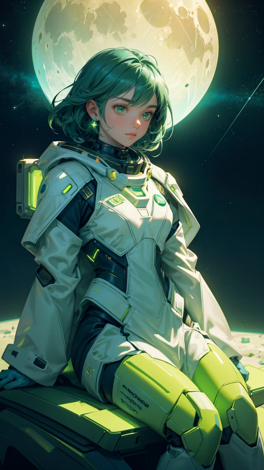 A beautiful, cute girl in a futuristic green astronaut suit, sitting on the surface of a distant moon with a serene expression. Her suit is detailed with glowing green panels and high-tech elements, reflecting the starlight around her. In the background, a large, green-hued planet glows softly amidst a star-filled cosmic sky. Digital currency coins are scattered on the rocky lunar surface, adding a sci-fi financial twist to the scene. The stars twinkle brightly, and the entire composition is bathed in varying shades of green, creating a tranquil yet adventurous atmosphere in space.