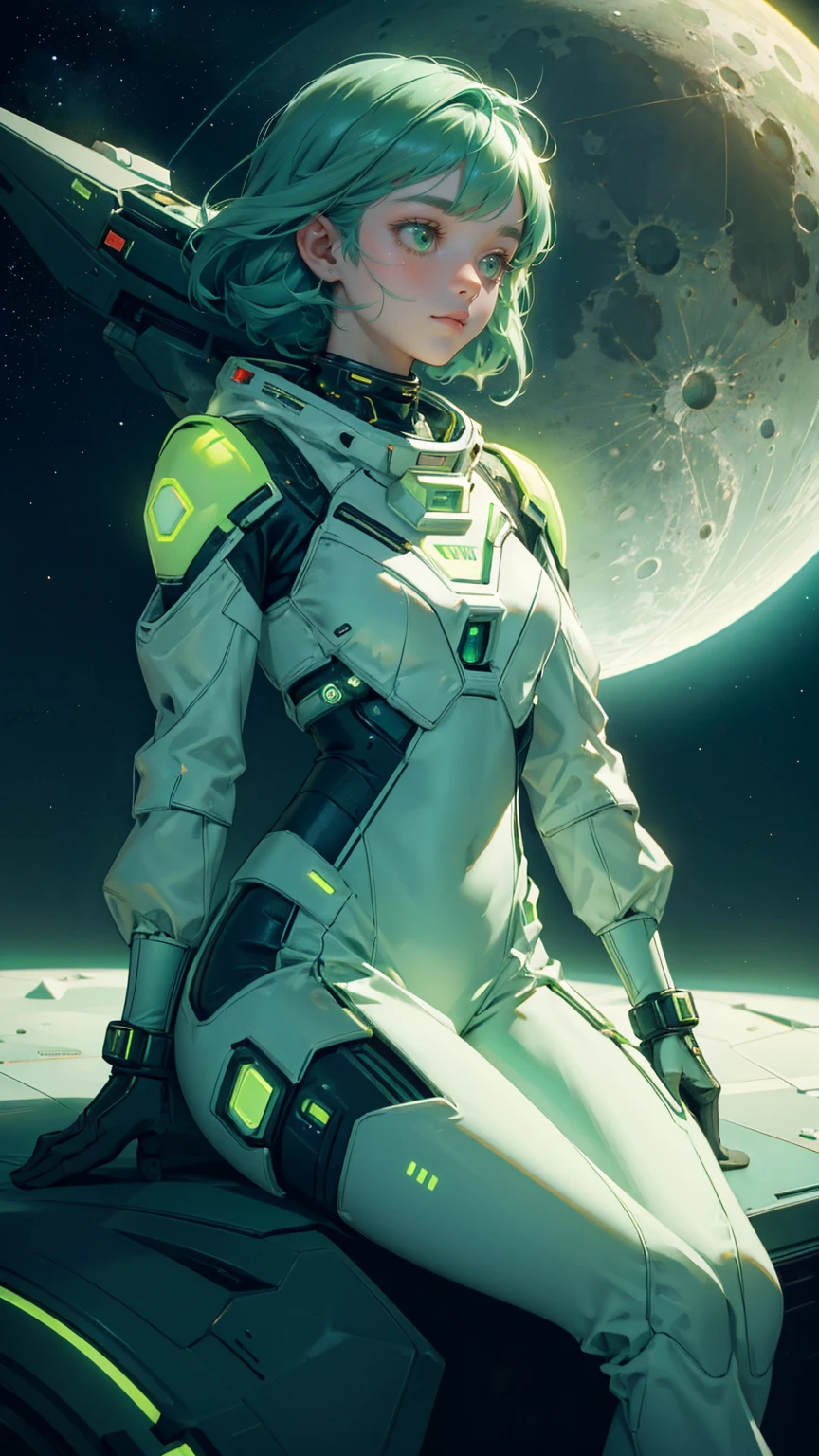 A beautiful, cute girl in a futuristic green astronaut suit, sitting on the surface of a distant moon with a serene expression. Her suit is detailed with glowing green panels and high-tech elements, reflecting the starlight around her. In the background, a large, green-hued planet glows softly amidst a star-filled cosmic sky. Digital currency coins are scattered on the rocky lunar surface, adding a sci-fi financial twist to the scene. The stars twinkle brightly, and the entire composition is bathed in varying shades of green, creating a tranquil yet adventurous atmosphere in space.