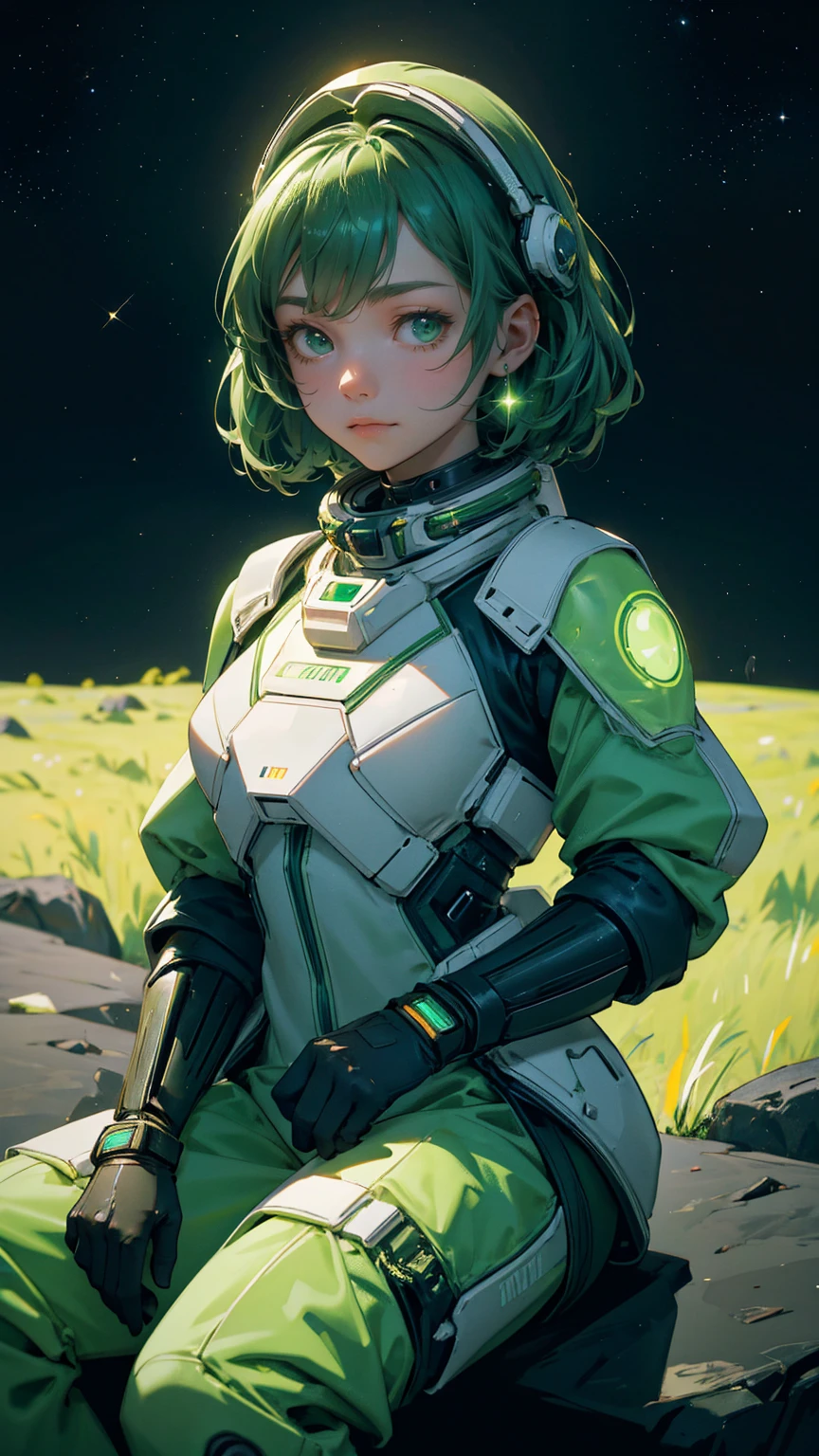 A beautiful, cute girl in a futuristic green astronaut suit, sitting on the surface of a distant moon with a serene expression. Her suit is detailed with glowing green panels and high-tech elements, reflecting the starlight around her. In the background, a large, green-hued planet glows softly amidst a star-filled cosmic sky. Digital currency coins are scattered on the rocky lunar surface, adding a sci-fi financial twist to the scene. The stars twinkle brightly, and the entire composition is bathed in varying shades of green, creating a tranquil yet adventurous atmosphere in space.