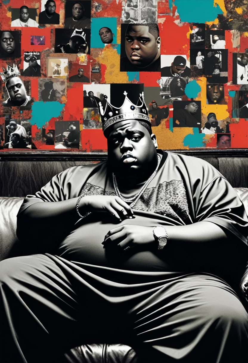 (masterpiece, best quality,ultra highres),(messy collage art),monochrome flatcolor,Notorious BIG,sitting on sofa, crown, hip hop style,
BREAK,red eyes,