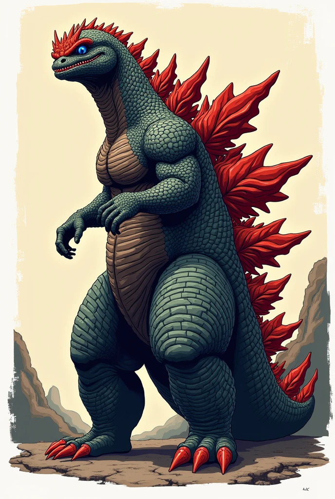 8k, ultra high detailed, illustration, digital art, sticker design, hybrid Godzilla and daruma head, 2D image
