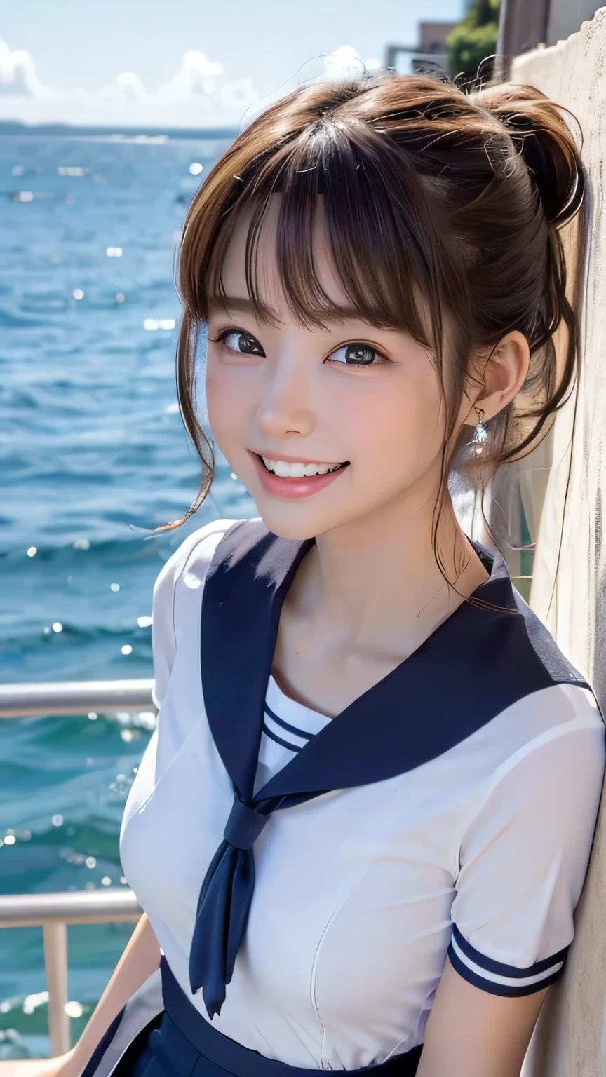 (Ultra high quality, shot with DSLR, 8k, highest quality, high resolution, highest quality, highest resolution, very beautiful woman, perfect anatomy), light brown eyes, very light brown eyes, small diamond-shaped earrings, looking at the camera, beautiful brown hair, ((baby face, loose and cute medium ponytail)), very short and beautiful bangs with brown hair, E-cup chest, showing beautiful décolletage, very beautiful 20-year-old, lip gloss, smiling very happily, very cute smile, upper teeth, beautiful teeth, (sea with a horizon (background only)), slightly large eyes, small face, tall supermodel, beautifully shaped model, random cute gravure poses, dynamic angles, eye focus, head tilt, very detailed and realistic, very beautiful 20-year-old, ((medium shot)), sharp jawline, ((sailor uniform)), deep waist curve, sexy legs, side view, smiling happily, laughing, summer afternoon.