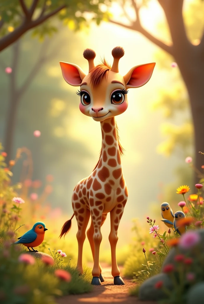 A whimsical, photorealistic 4K depiction of an enchanting forested savanna scene featuring a young, charming giraffe. The giraffe has an endearing, cartoon-like appearance, with large, gentle eyes that reflect a friendly and inquisitive nature. Its coat blends soft pastel hues such as light amber, beige, and rose, with delicate flowers and small vines subtly woven into its short mane and spots. The background is a vibrant mixture of acacia trees, colorful wildflowers, and soft sun rays filtering through the foliage, casting dappled patterns on the ground. Birds with bright plumage are perched nearby, adding to the serene and magical ambiance. Art inspirations: Studio Ghibli, Disney. Lighting: Soft, natural sunlight with scattered rays. Camera: Close-up with slight elevation for a dynamic angle. Render: Blender Cycles, 4K resolution.
