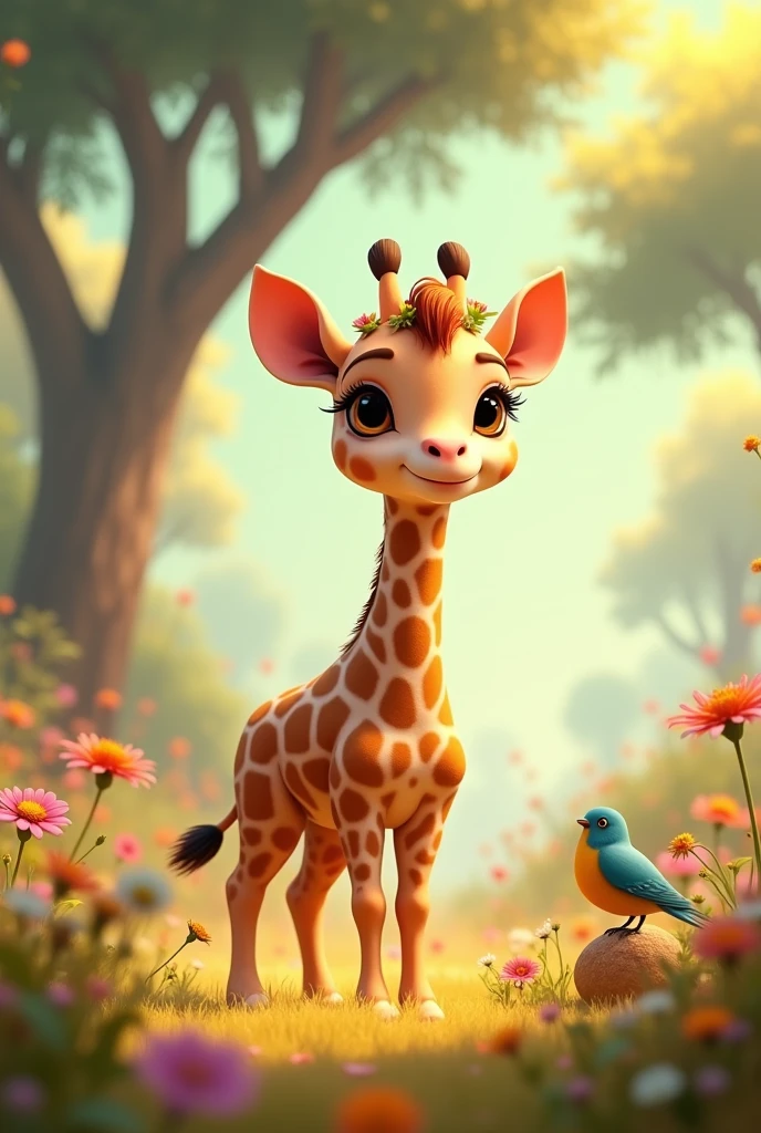 A whimsical, photorealistic 4K depiction of an enchanting forested savanna scene featuring a young, charming giraffe. The giraffe has an endearing, cartoon-like appearance, with large, gentle eyes that reflect a friendly and inquisitive nature. Its coat blends soft pastel hues such as light amber, beige, and rose, with delicate flowers and small vines subtly woven into its short mane and spots. The background is a vibrant mixture of acacia trees, colorful wildflowers, and soft sun rays filtering through the foliage, casting dappled patterns on the ground. Birds with bright plumage are perched nearby, adding to the serene and magical ambiance. Art inspirations: Studio Ghibli, Disney. Lighting: Soft, natural sunlight with scattered rays. Camera: Close-up with slight elevation for a dynamic angle. Render: Blender Cycles, 4K resolution.
