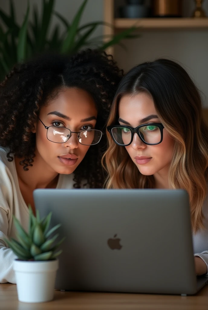 Color photo of a 2 woman working on a laptop, wearing cooling glasses, casual attire, mobile photograph against a home office backdrop, natural and realistic portrait capturing her focus, camera settings: iPhone 12 Pro, VSCO Cam app, portrait mode, indoor lighting, directors: Ava DuVernay, Greta Gerwig, cinematographers: Rachel Morrison, Bradford Young, photographers: Annie Leibovitz, Mark Seliger, fashion designers: Zara, H&M