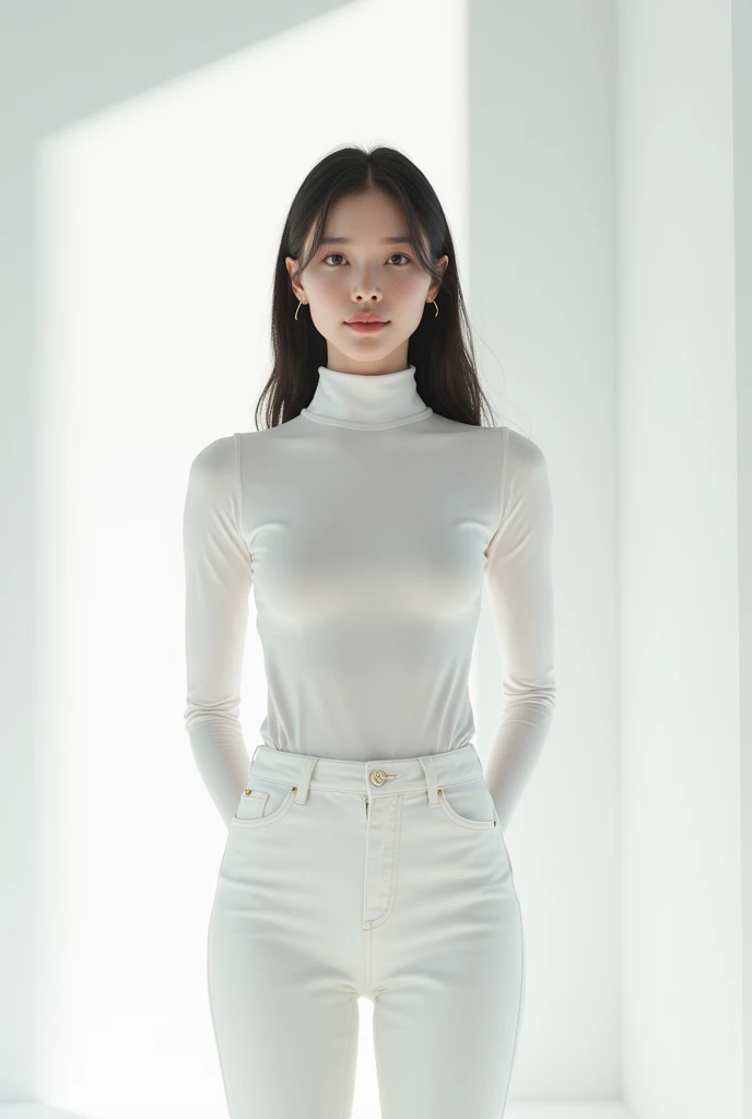 a cute woman standing in front of a white wall,  trending on cg society, realism, in white turtleneck shirt and white jeans, young and cute girl, tight shirt, white outline, white background!!!!!!!!!!, 1 girl, milky white skin,, with backlight, slim waist, high collar