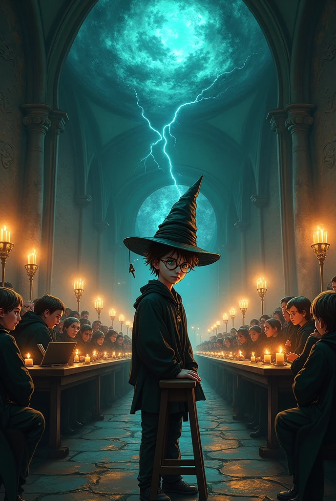 Make a graphic novel with this scene. Harry Potter!
When Harry stepped forward, a buzz ran through the whole hall like a wildfire.
— Potter, that's what she said?
— O Harry Potter?
The last thing Harry saw before the hat fell over his eyes was a room full of people straining to get a good look at him.. Then he only saw the darkness inside the hat..
— Difficult. very difficult. Quite a bit of courage I see. Not a bad mind. There is talent, There is, my goodness, a reasonable thirst to prove oneself. Now that's interesting... So where will I put it??
Harry gripped the edges of the stool and thought "Slytherin no,
Slytherin, no".
— Slytherin no, hein? — said the little voice. - He is sure? You could be great, he knows, it's all here in your head, e a Slytherin lhe
ajudaria a alcançar essa grandeza, Absolutely,, no? bem, if you are sure, will be better off in GRYFFINDOR!