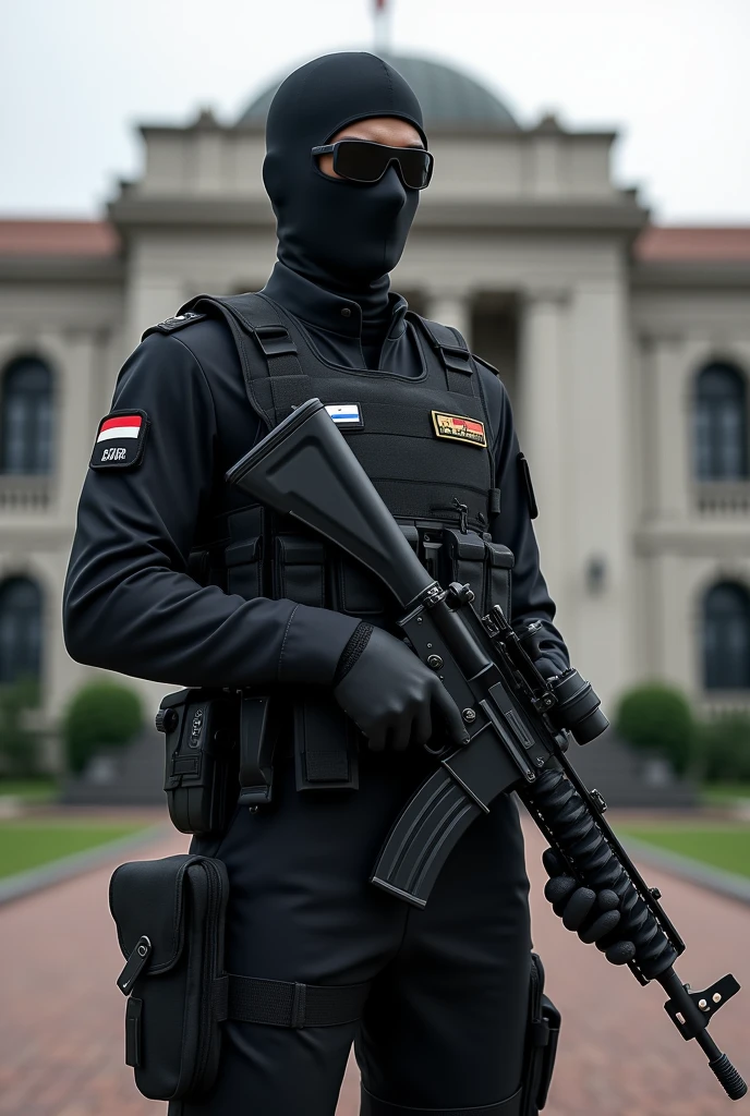 realistic full black modern outfit indonesian armed soldier (TNI) with Indonesian flag badge KOPASSUS with full equipment, holding a high tech weapon and full kit, military bag, military armor standing in front of Istana Negara Republik Indonesia