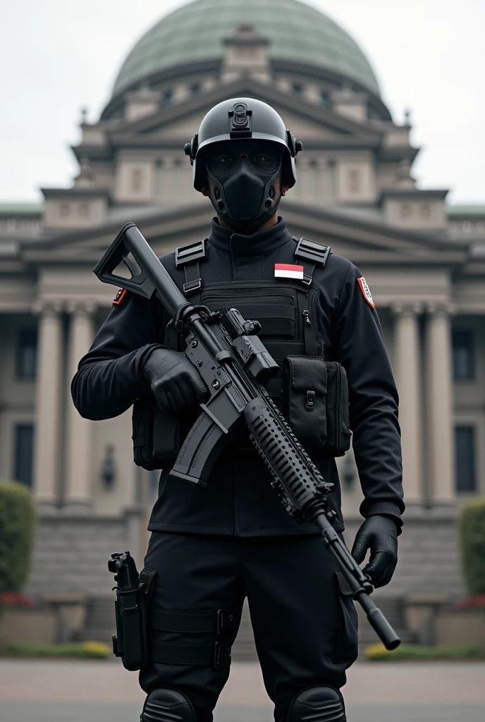 realistic full black modern outfit indonesian armed soldier (TNI) with Indonesian flag badge KOPASSUS with full equipment, holding a high tech weapon and full kit, military bag, military armor standing in front of Istana Negara Republik Indonesia
