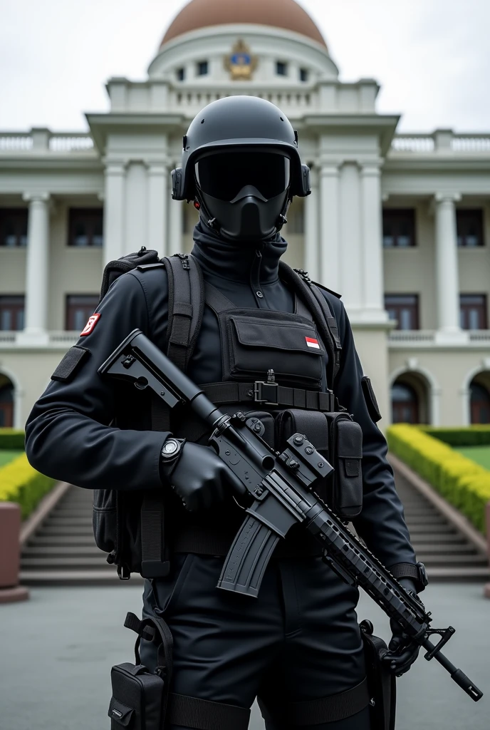 realistic full black modern outfit indonesian armed soldier (TNI) with Indonesian flag badge KOPASSUS with full equipment, holding a high tech weapon and full kit, military bag, military armor standing in front of Istana Negara Republik Indonesia