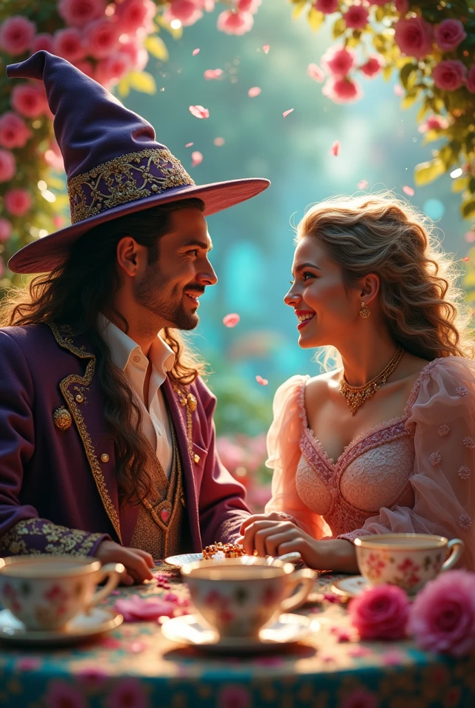 detailed chibi wizard tea party,1 handsome male witch,1 beautiful witch, happy expression, vibrant colors, colorful magical environment, (best quality, 8k, highres, masterpiece:1.2), ultra-detailed, (realistic, photorealistic, photo-realistic:1.37), vibrant colors, warm lighting, intricate details, whimsical, fantasy, magical realism