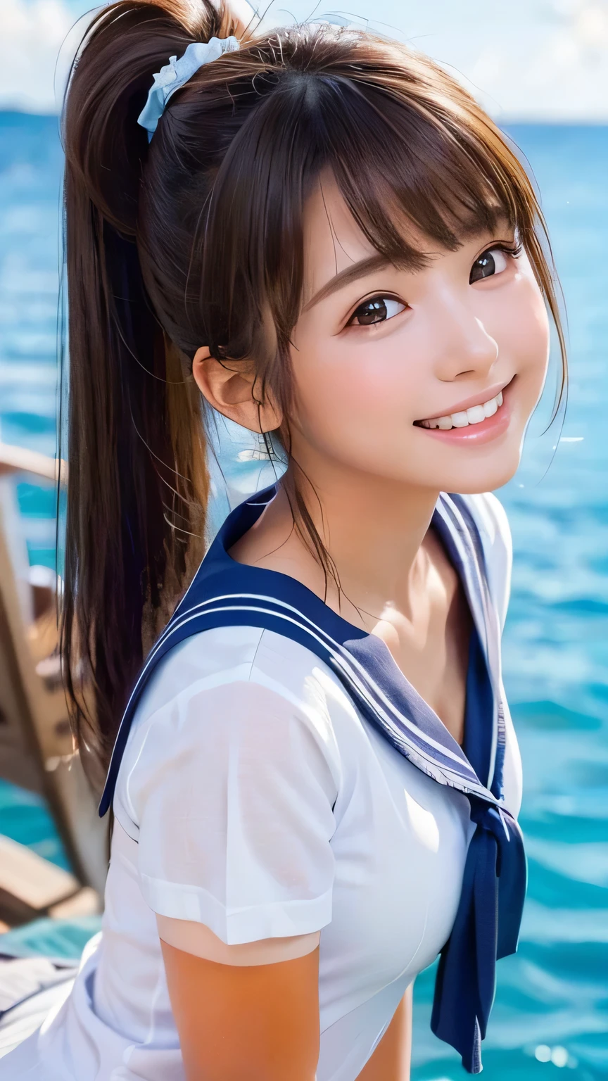 (Ultra high resolution, DSLR shot, 8k, highest quality, high resolution, highest quality, highest resolution, very beautiful woman, perfect anatomy), bright brown eyes, very bright brown eyes, small diamond-shaped earrings, looking at the camera, beautiful brown hair, ((baby face, loose and cute medium ponytail)), very short and beautiful bangs with brown hair, E-cup bust, showing beautiful décolletage, very beautiful 20-year-old, lip gloss, smiling very happily, very cute smile, upper teeth, beautiful teeth, (random gravure photo cute poses, sailor uniform, background with a beautiful blue tropical ocean and horizon), slightly large eyes, small face, tall supermodel, beautifully shaped model, random cute poses, dynamic angles, eye focus, head tilt, very detailed and realistic, very beautiful 20-year-old, ((medium shot)), sharp jawline, deep waistline, sexy legs, side view, smiling very happily, laughing, summer daytime.
