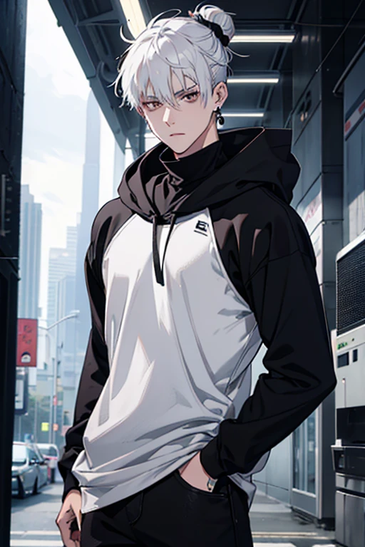 Anime man gradient young white hair short shaved sides flip hair bun to left side in middle serious face with black earrings black sweatshirt speed jeans futuristic clothes black dark circles big black hair big brown hair extremely futuristic clothes futuristic clothes skinny sweatshirt black jeans male cloak that covers the shoulders