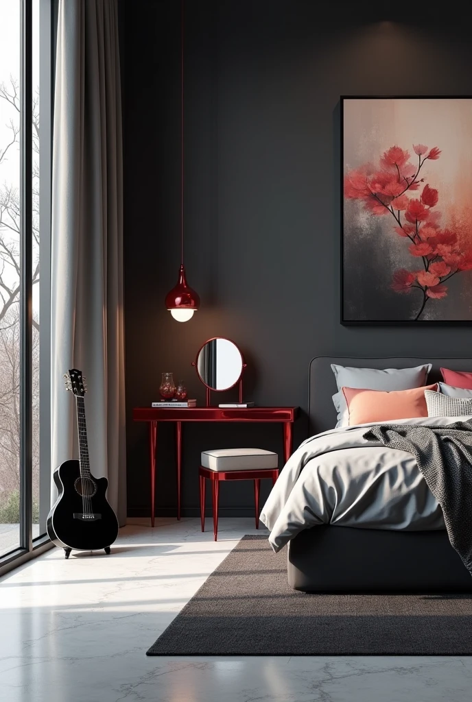 Professional 3d architecture rendering design of modern   girl teenage  room with modern dark bed and  light silver blanket and sheets modern   red glassy makeup table and glassy  chairand  glassy black gitar   And modern windows  and beautiful and modern painting wall with tailor suieft painting  and modern windows and showing complete bed room and light gray stone for floor and elegant  dark carpet 