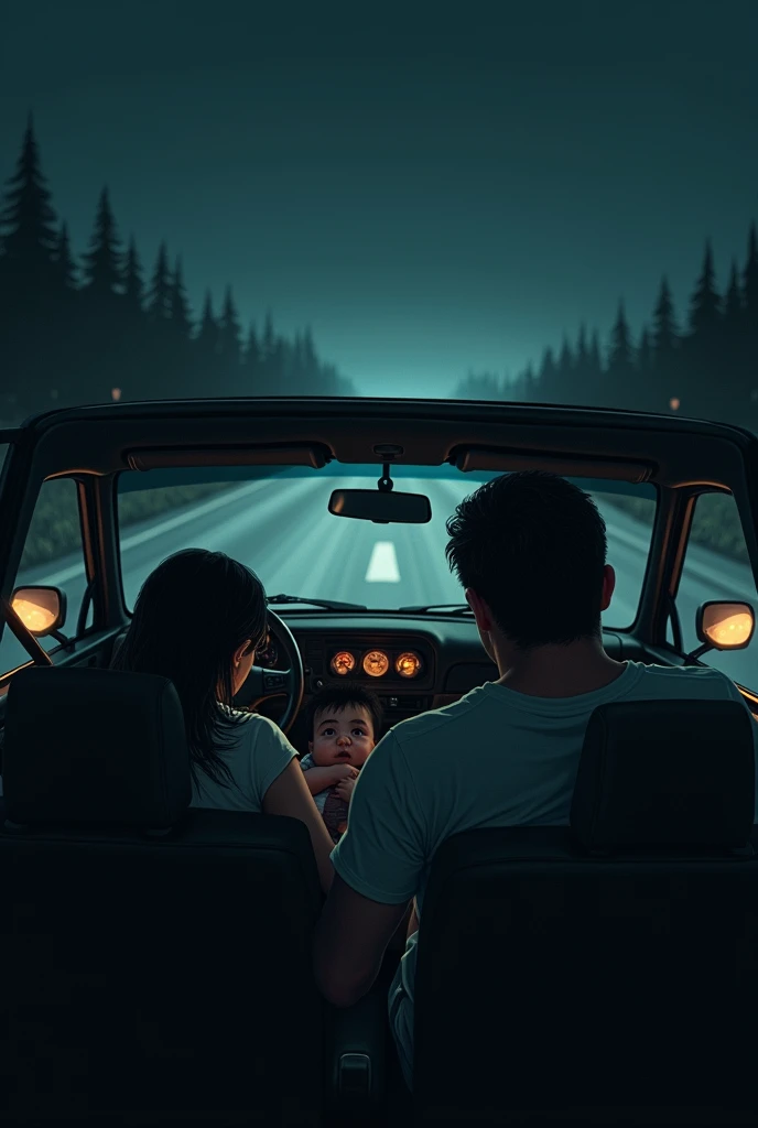 Husband wife and baby son horror night passes through car sitting inside
