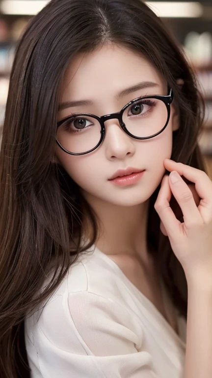 Tabletop、(masterpiece:1.3), (8k, Photorealistic: 1.4, RAW Photos, Best image quality: 1.4), Japanese Idols、Super detailed face、Attention to detail、Genuine、 double eyelid、Big and attractive eyes、Perfectly beautiful eyes、 Sharp focus:1.2、Beautiful woman:1.5、 Light brown hair、 Highest quality、masterpiece、Ultra-high resolution、Depth of written boundary、Perfect Shadow、(Photorealistic:1.4)、 Highly detailed and professional lighting、 Perfectly shaped、Symmetrical face、beautiful girl、Glowing Skin、Sharp focus, Perfect Anatomy,Realistic Light、Large black-rimmed glasses、realistic glasses、library、Full body view、