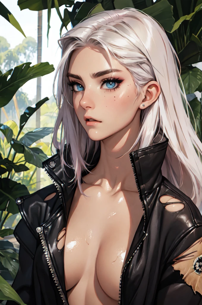 （lifelike， high - resolution：1.3）， 1 girl with a perfect body，slender body, Super fine face and eyes，assasin, dark makeup, shiny skin，white hair,((torn and ripped jungle clothes underneath sheer jacket)， Expose cleavage, extravagant makeup, pink eyeshadow, dark makeup shocked expression,  shiny skin, action pose, extravagant makeup, leopard print,t, savage lands, feral lands, (waterfall, soaked), grey blue eyes
