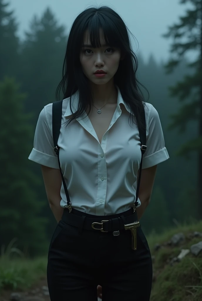 a woman in a suit, belt, hands behind back, sweating, suspenders, black pants, sexly, large breasts, see-through clothing,, detective, office worker, white button-up shirt, (best quality,4K,8k,highres,masterpiece:1.2),ultra-detailed,(realistic,photorealistic,photo-realistic:1.37),hyper-detailed,highly detailed face and body, Slender thin suspenders Moderate breasts See-through shirt Nipples holster chain Pistol Armament criminal Female criminal knife japanese profile Japanese women arrested handcuff Cable tie on thumb The woman has her hands tied、put your hands behind your back、(((I clasped my hands behind my back)))、(((Her wrists are wrapped in rope)))、beauty、20Year、university student、Standing on a hill at night、There are a lot of trees、、Wear a long skirt、Uniform eyes、Balanced、Moderate、Small breasts、Small face、(I can see from head to heel), Black Hair, bangs, Swept bangs, Straight hair, Nervous, Messy Hair, debtloating hair, Cinema Lighting, throw, Nikon, Surrealism, 超High resolution, Highest quality, High resolution, Anatomically correct body、, tachi-e, First Person View, debtrom behind, debt/1.2, 8k, Textured SkinMini Skirt Knee-high garter handcuffs