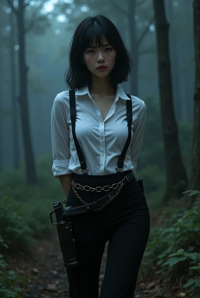 a woman in a suit, belt, hands behind back, sweating, suspenders, black pants, sexly, large breasts, see-through clothing,, detective, office worker, white button-up shirt, (best quality,4K,8k,highres,masterpiece:1.2),ultra-detailed,(realistic,photorealistic,photo-realistic:1.37),hyper-detailed,highly detailed face and body, Slender thin suspenders Moderate breasts See-through shirt Nipples holster chain Pistol Armament criminal Female criminal knife japanese profile Japanese women arrested handcuff Cable tie on thumb The woman has her hands tied、put your hands behind your back、(((I clasped my hands behind my back)))、(((Her wrists are wrapped in rope)))、beauty、20Year、university student、Standing on a hill at night、There are a lot of trees、、Wear a long skirt、Uniform eyes、Balanced、Moderate、Small breasts、Small face、(I can see from head to heel), Black Hair, bangs, Swept bangs, Straight hair, Nervous, Messy Hair, debtloating hair, Cinema Lighting, throw, Nikon, Surrealism, 超High resolution, Highest quality, High resolution, Anatomically correct body、, tachi-e, First Person View, debtrom behind, debt/1.2, 8k, Textured SkinMini Skirt Knee-high garter handcuffs