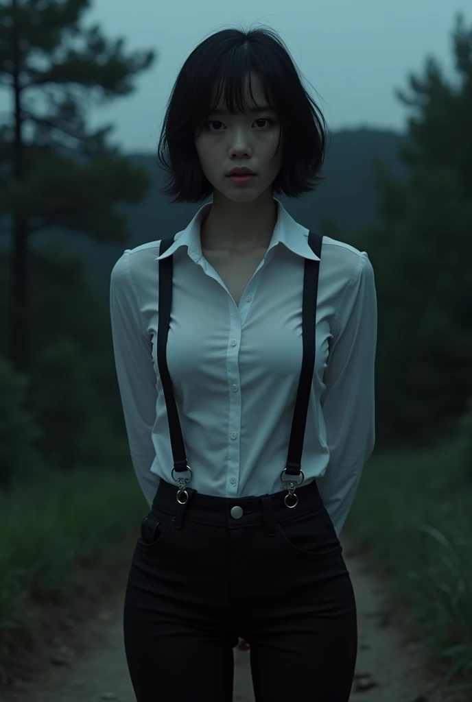 a woman in a suit, belt, hands behind back, sweating, suspenders, black pants, sexly, large breasts, see-through clothing,, detective, office worker, white button-up shirt, (best quality,4K,8k,highres,masterpiece:1.2),ultra-detailed,(realistic,photorealistic,photo-realistic:1.37),hyper-detailed,highly detailed face and body, Slender　thin　suspenders　Moderate breasts　See-through shirt　Nipples　holster　chain　Pistol　Armament　criminal　Female criminal　knife　japanese　profile　Japanese women　arrested handcuff　Cable tie on thumb　The woman has her hands tied、put your hands behind your back、(((I clasped my hands behind my back)))、(((Her wrists are wrapped in rope)))、beauty、２０Year、university student、Standing on a hill at night、There are a lot of trees、、Wear a long skirt、Uniform eyes、Balanced、Moderate、Small breasts、Small face、(I can see from head to heel), Black Hair, bangs, Swept bangs, Straight hair, Nervous, Messy Hair, debtloating hair, Cinema Lighting, throw, Nikon, Surrealism, 超High resolution, Highest quality, High resolution, Anatomically correct body、, tachi-e, First Person View, debtrom behind, debt/1.2, 8k, Textured SkinMini Skirt　Knee-high　garter　handcuffs
