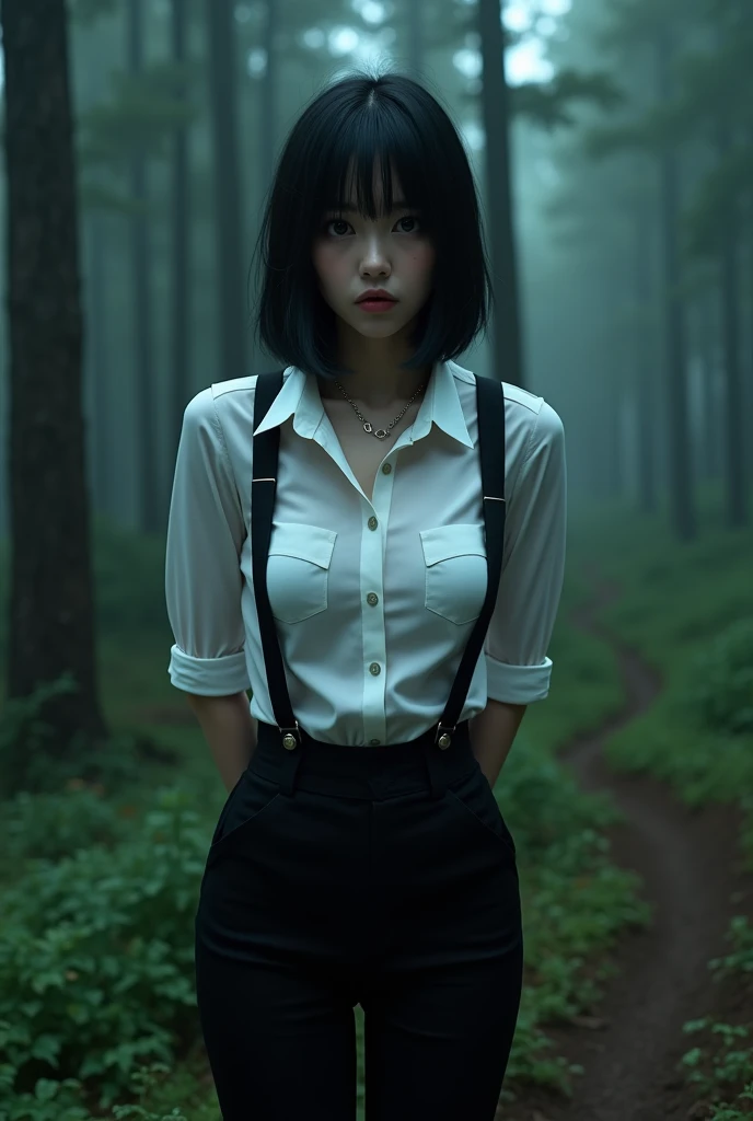 a woman in a suit, belt, hands behind back, sweating, suspenders, black pants, sexly, large breasts, see-through clothing,, detective, office worker, white button-up shirt, (best quality,4K,8k,highres,masterpiece:1.2),ultra-detailed,(realistic,photorealistic,photo-realistic:1.37),hyper-detailed,highly detailed face and body, Slender　thin　suspenders　Moderate breasts　See-through shirt　Nipples　holster　chain　Pistol　Armament　criminal　Female criminal　knife　japanese　profile　Japanese women　arrested handcuff　Cable tie on thumb　The woman has her hands tied、put your hands behind your back、(((I clasped my hands behind my back)))、(((Her wrists are wrapped in rope)))、beauty、２０Year、university student、Standing on a hill at night、There are a lot of trees、、Wear a long skirt、Uniform eyes、Balanced、Moderate、Small breasts、Small face、(I can see from head to heel), Black Hair, bangs, Swept bangs, Straight hair, Nervous, Messy Hair, debtloating hair, Cinema Lighting, throw, Nikon, Surrealism, 超High resolution, Highest quality, High resolution, Anatomically correct body、, tachi-e, First Person View, debtrom behind, debt/1.2, 8k, Textured SkinMini Skirt　Knee-high　garter　handcuffs
